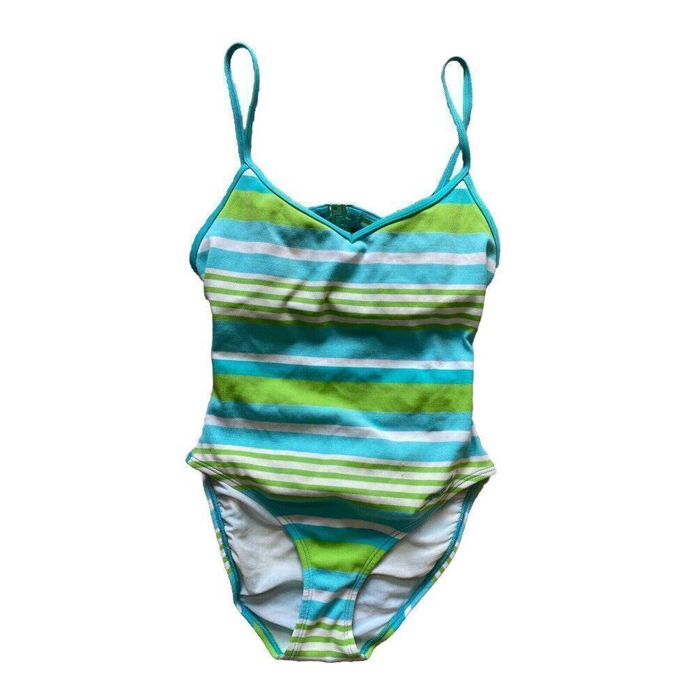 Speedo Swimsuit Bathing Suit One Piece Striped 10 Pastel Blue Green White